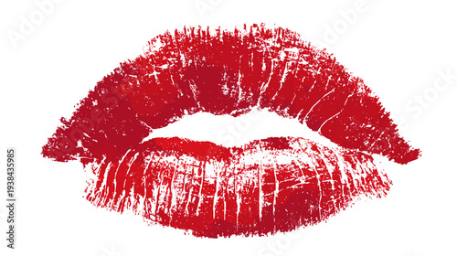Abstract red lipstick kiss mark on a white background, textured and slightly faded