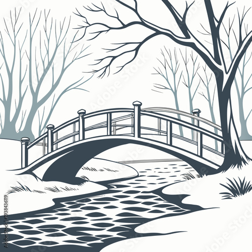 A serene winter scene featuring a stone bridge over a frozen stream Vector