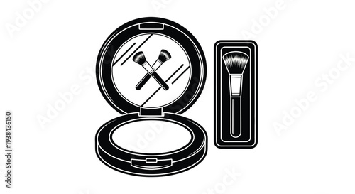 Black and white illustration of open makeup compact with tools and brush