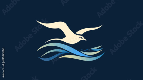 Seagull soaring above stylized ocean waves, a minimalist graphic illustration