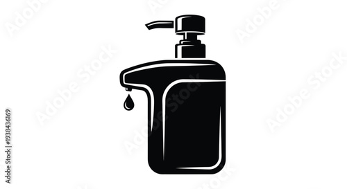 Black soap dispenser with single drop falling from nozzle on white background