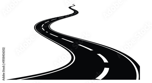 A winding black road curves dramatically across a plain white background