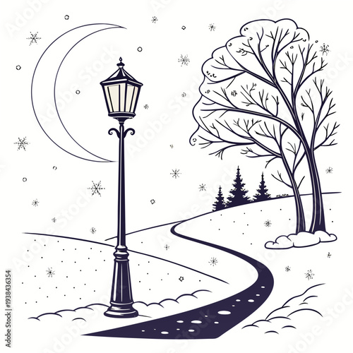 A serene night scene with a lamppost, winding path, and a tree under a crescent moon. Vector