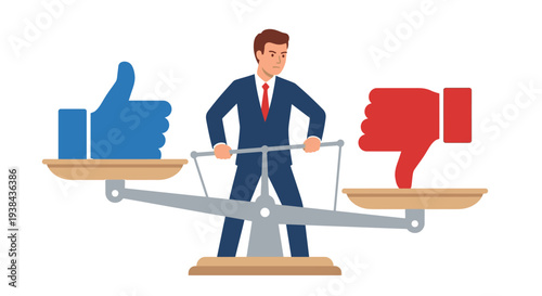 A businessman balances between positive and negative feedback on scales