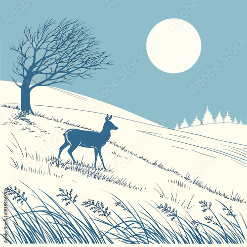 A solitary deer stands atop a snow-covered hill under a full moon Vector