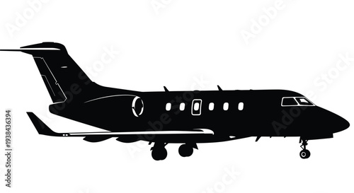Private jet airplane in flight on white background silhouette of a luxury aircraft