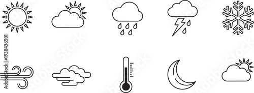 Weather icons set with thin line art style vector illustration for forecast and climate flat design