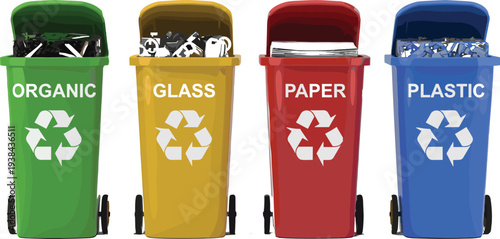 Color coded recycling bins for waste sorting including organic, glass, paper and plastic, environmental sustainability concept, waste management and recycling system vector illustration