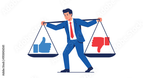 A man struggles to balance positive and negative feedback on a scale