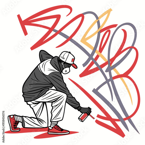 A person is sitting on the floor surrounded by a chaotic swirl of lines. Vector