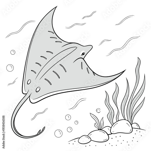 A majestic manta ray gliding gracefully through a vibrant coral reef ecosystem. Vector