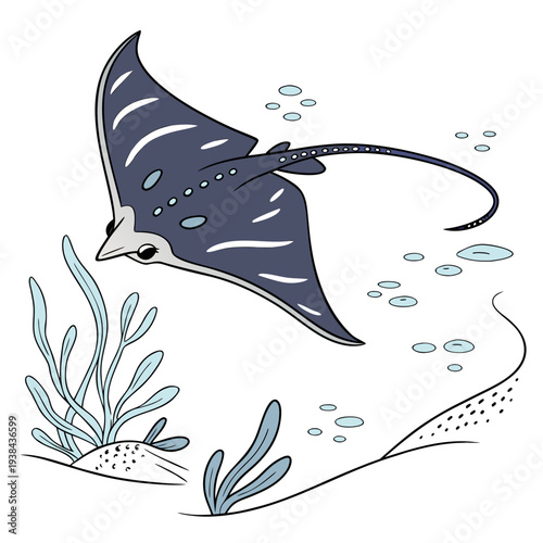 A majestic manta ray gliding gracefully through a vibrant coral reef ecosystem. Vector