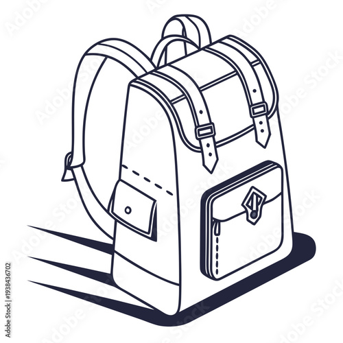 A detailed illustration of a backpack with various compartments and straps. Vector
