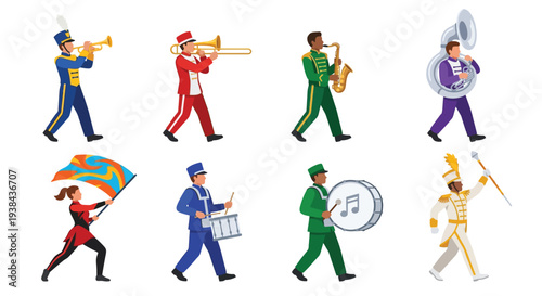 Colorful illustration of a marching band with various instruments and performers