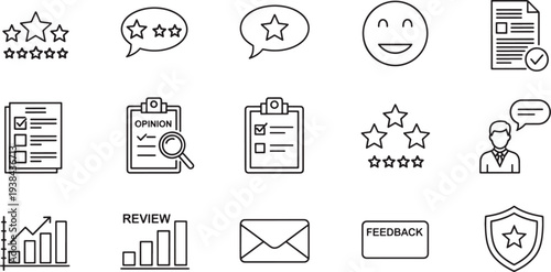 Customer feedback and review process flat design vector illustration with thin line icons and rating stars