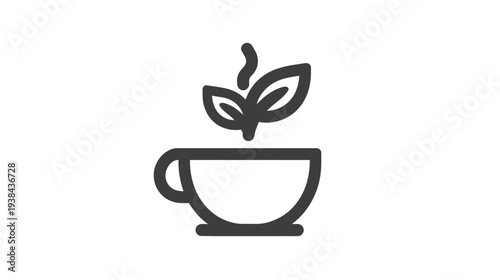 Minimalist Line Art Icon of Hot Herbal Tea Cup with Steaming Leaves. Healthy Natural Beverage Symbol for Wellness.