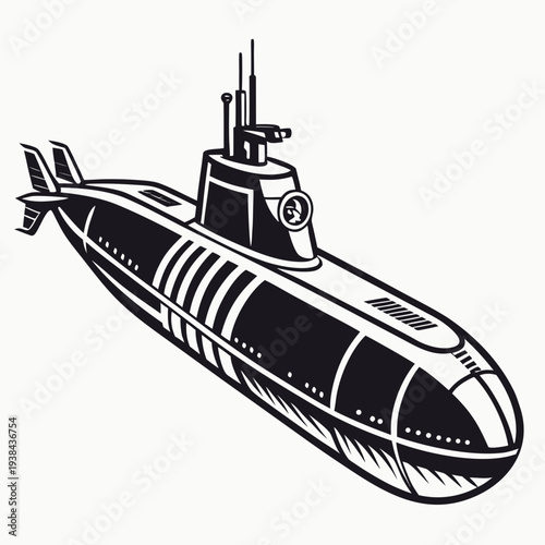 A sleek black and white submarine gliding through the ocean depths. Vector