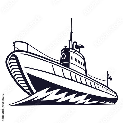 A sleek black and white submarine gliding through the ocean waters. Vector