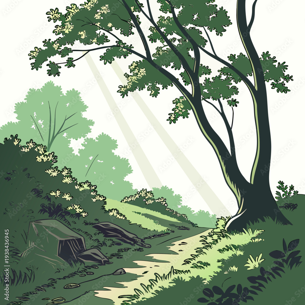 Fototapeta premium A serene landscape with a large tree standing tall on a grassy hillside Vector