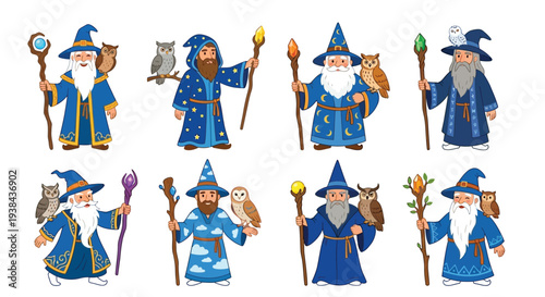 Collection of colorful cartoon wizards with staffs and accompanying owls