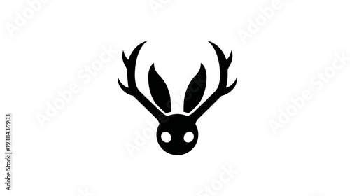 Minimalist black horned rabbit illustration with deer antlers and long ears on white background. Fantasy creature vector graphic icon.
