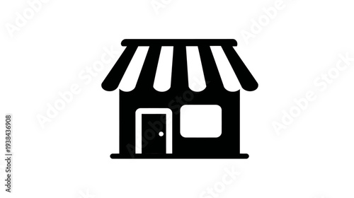 Simple black vector icon of a store or shop building with an awning. Ideal for retail, e-commerce, business, and shopping concepts.