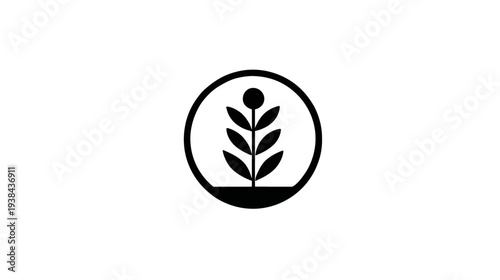 Minimalist black plant icon in a circle, symbolizing nature, growth, organic produce, ecology, and sustainability. Simple vector graphic design.