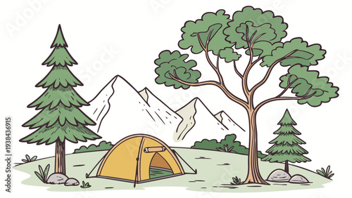 A serene campsite nestled in a lush forest with towering trees and majestic mountains in the background. Vector