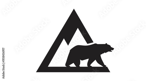 Minimalist black silhouette illustration of a walking bear integrated with a triangular mountain peak, representing nature, wilderness, and adventure.