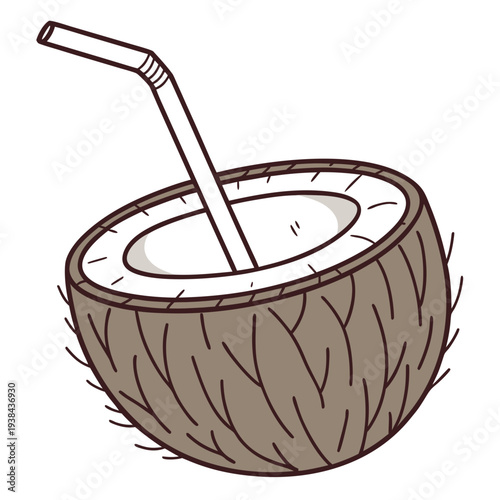 A refreshing coconut with a straw inserted, ready to be enjoyed on a sunny day Vector