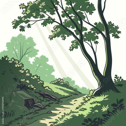A serene landscape with a large tree standing tall on a grassy hillside Vector