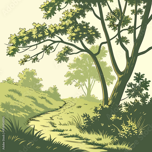 A serene landscape with a large tree standing tall amidst a lush green field. Vector