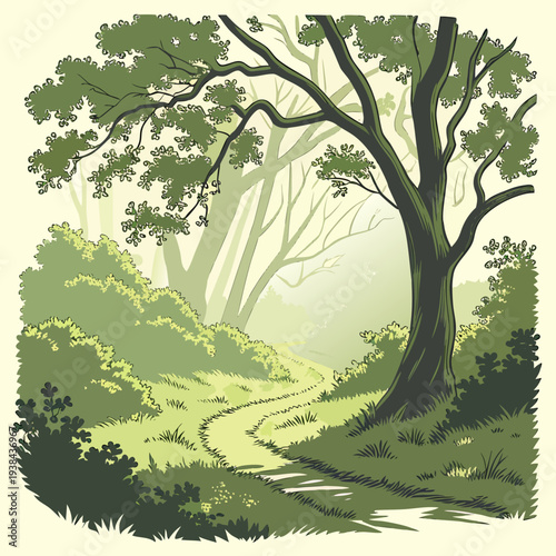 A serene forest path bathed in soft sunlight, with lush greenery and towering trees. Vector
