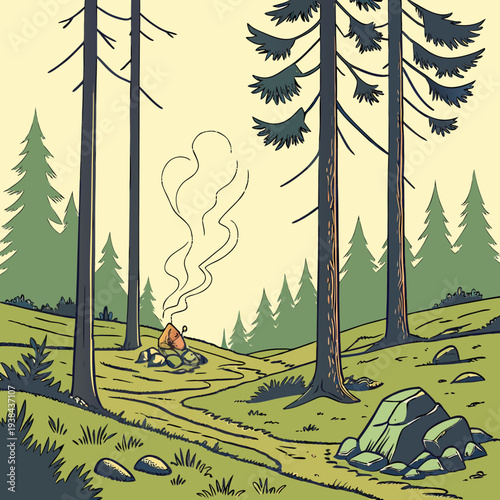 A group of people camping in a forest surrounded by tall pine trees and wildlife Vector