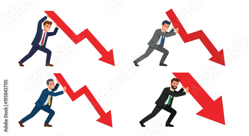 Men struggling to hold back large descending red arrow graphics