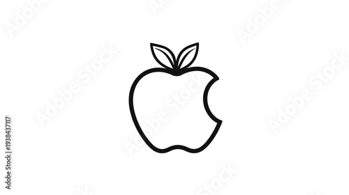 Minimalist Outline Bitten Fruit Icon with Leaves. Simple Black Line Art of an Apple Symbolizing Health, Food, or Nature.