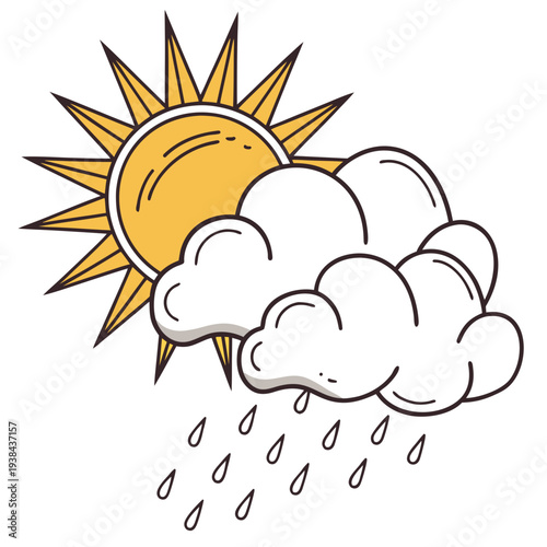 Sunny day with dark clouds and heavy rain pouring down. Vector