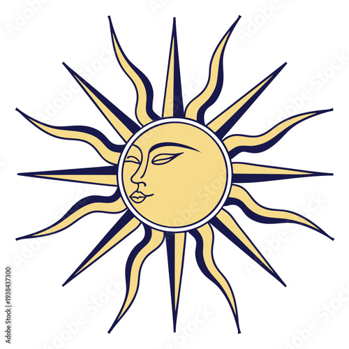 A vibrant sun with a smiling face and radiating sunbeams in a stylized illustration Vector