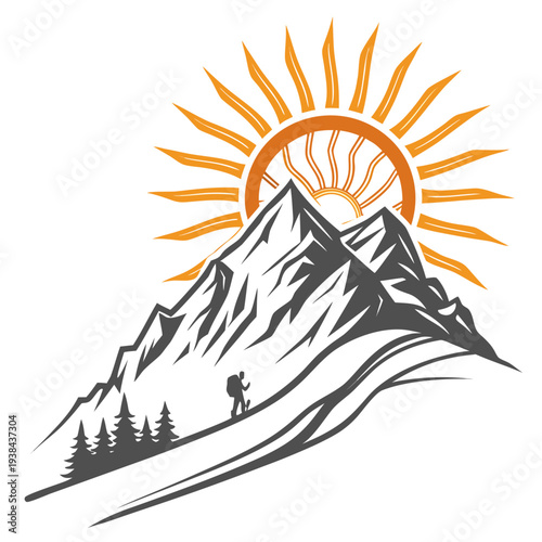 A majestic mountain range with a radiant sunrise casting vibrant orange rays. Vector