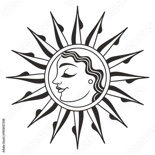 A radiant sun with a human face surrounded by stylized sun rays. Vector