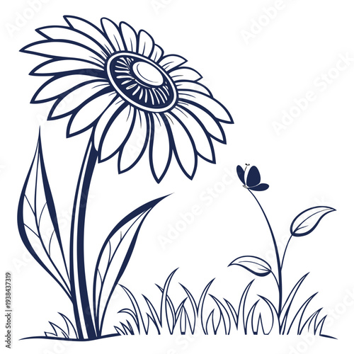 A delicate illustration of a single daisy with long stems and leaves, accompanied by smaller flowers Vector