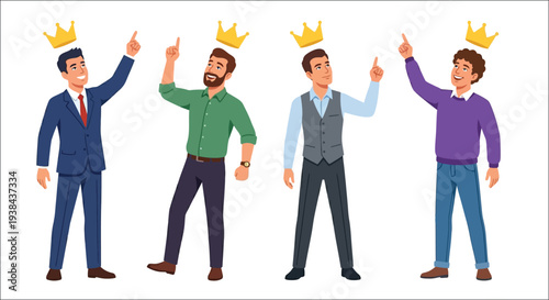 Four men wearing crowns and pointing upwards in a celebratory illustration