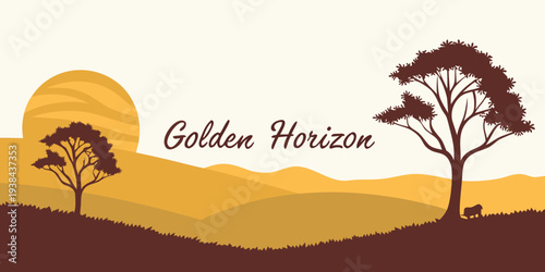 Golden horizon with silhouetted trees and sun on a grassland Vector