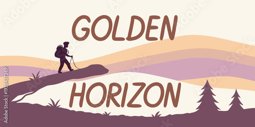 A lone hiker stands at the edge of a cliff, overlooking a vast horizon under a golden sunset. Vector