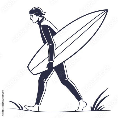 Surfer carrying a surfboard along a beach with palm trees Vector