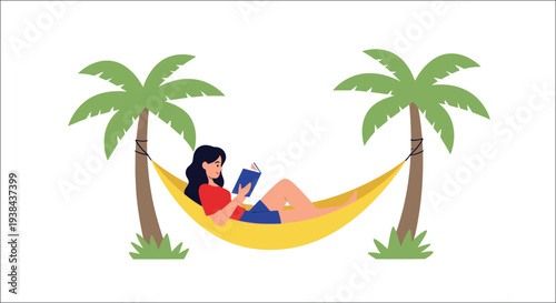 Woman relaxing in a hammock between two palm trees reading a book