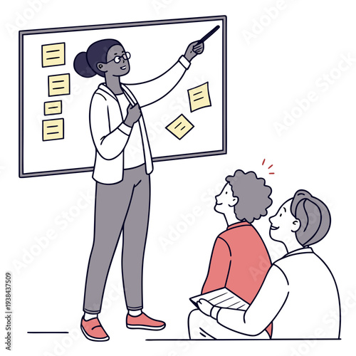 A teacher is explaining a lesson to a group of students in a classroom setting. Vector