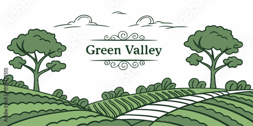 A serene green valley with a winding river and lush trees in the background. Vector