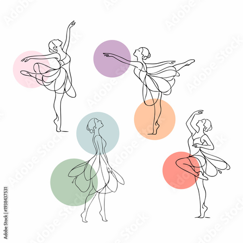 Set of Ballerina Dancers Line Art with Pastel Abstract Shapes