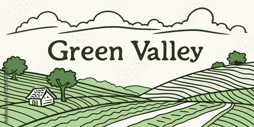 A serene landscape of green valley with rolling hills and a clear blue sky. Vector